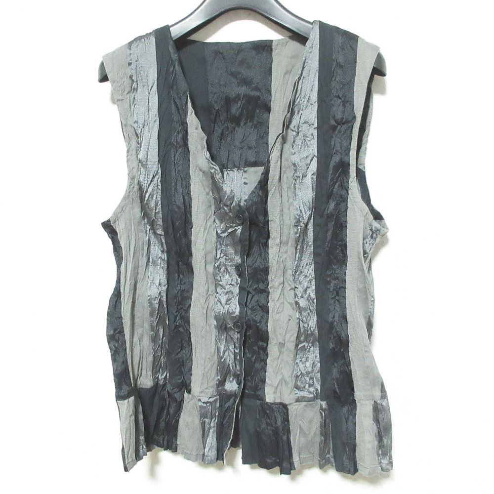 ISSEY MIYAKE イッセイミヤケ ストライプ プリーツベスト ジレ サイズ3 ブラック グレー レディース 古着