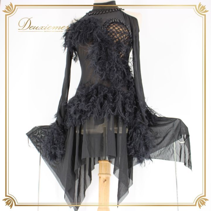 社交ダンス 衣装 ラテン ドレス ワンピース パーティ衣装 女性用 レディース オールシーズン 黒 ブラック系 アシメ 長袖 レース 派手 ビジュー ショートドレス フェザー おしゃれ エレガント ダンスウェア 結婚式 ステージ衣装 アイテム