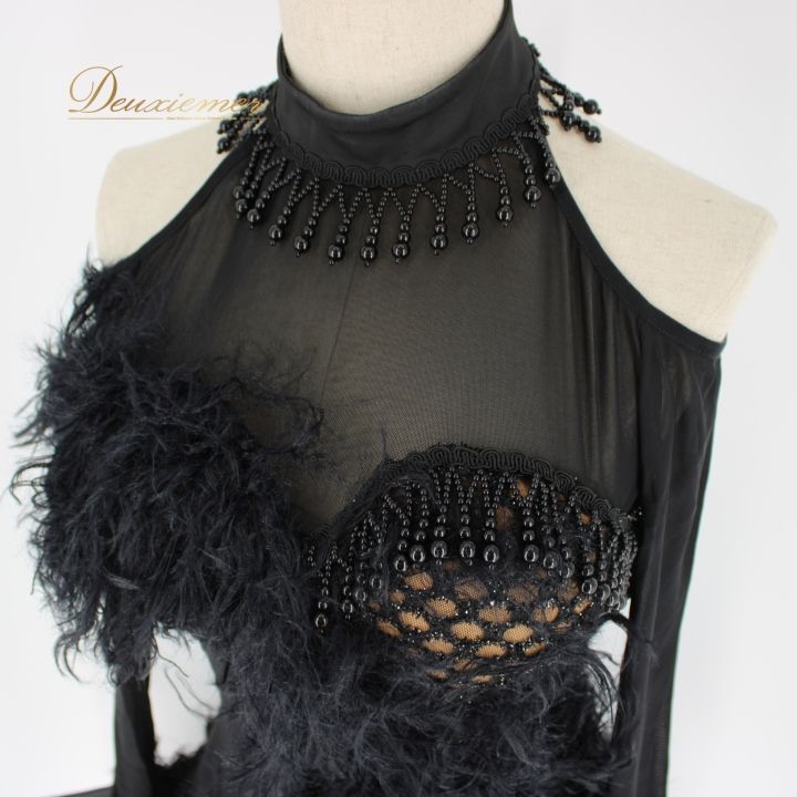 社交ダンス 衣装 ラテン ドレス ワンピース パーティ衣装 女性用 レディース オールシーズン 黒 ブラック系 アシメ 長袖 レース 派手 ビジュー ショートドレス フェザー おしゃれ エレガント ダンスウェア 結婚式 ステージ衣装 アイテム