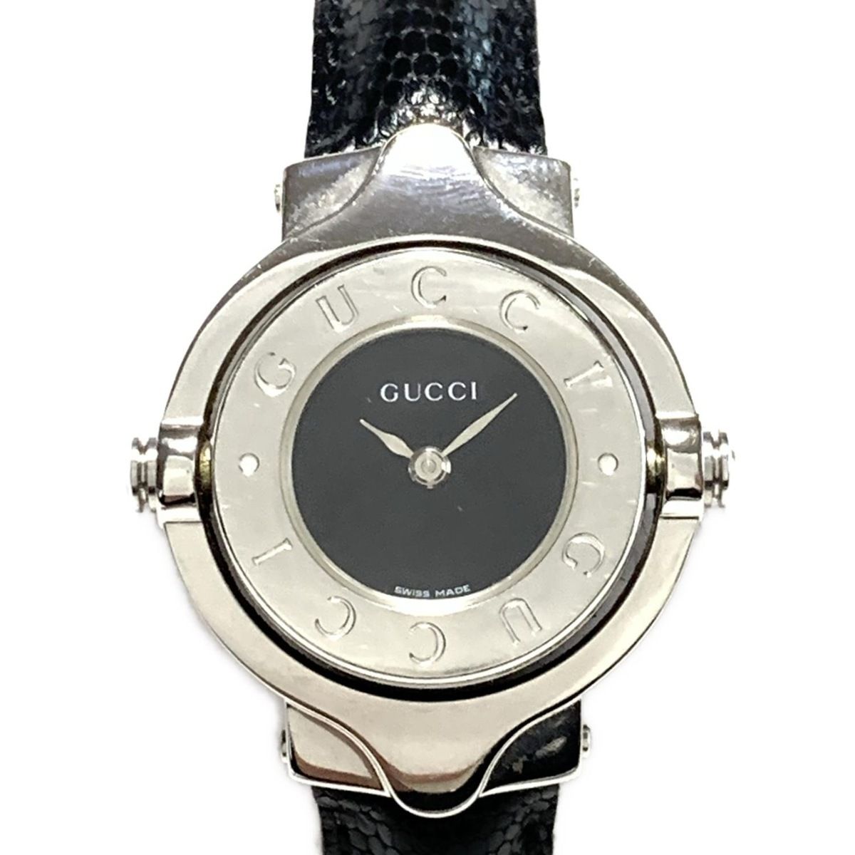 GUCCI グッチ 腕時計 レディース 型押し加工 バングルウォッチ 回転文字盤 黒