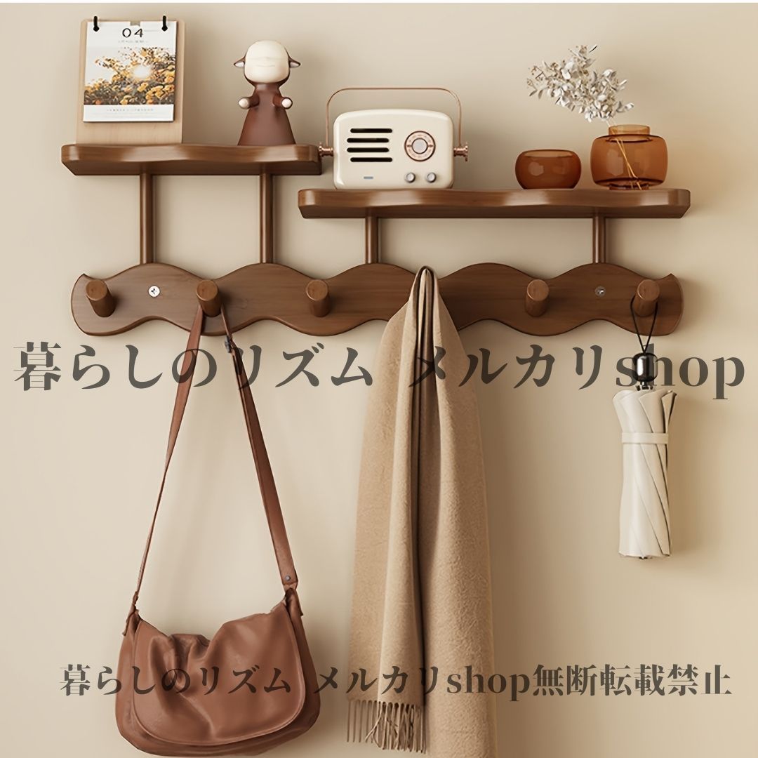 ウォールフック 6フック 壁掛けコートラック 棚 フック付き 竹製エントランスオーガナイザー 省スペース モダン 廊下収納 耐久性 竹棚 コート 帽子 バッグ 鍵用 寝室 玄関 狭いスペース ホームデコ 壁掛けキーホルダー ドアハンガー 衣類用 ブラウン