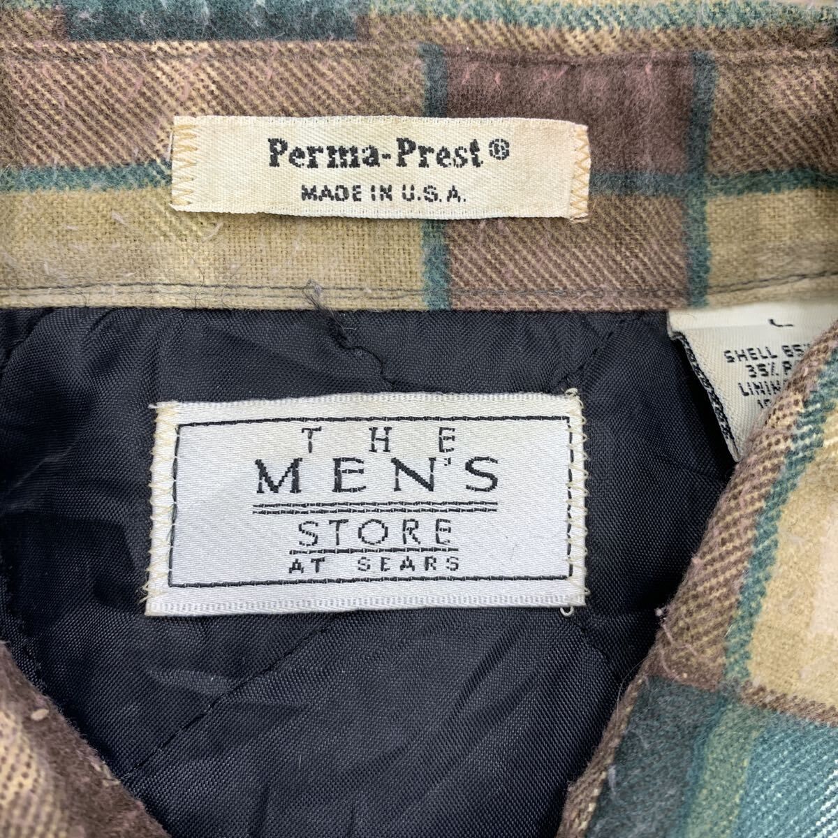 USA製 Sears Perma-Prest 長袖 シャツジャケット L グリーン マルチ