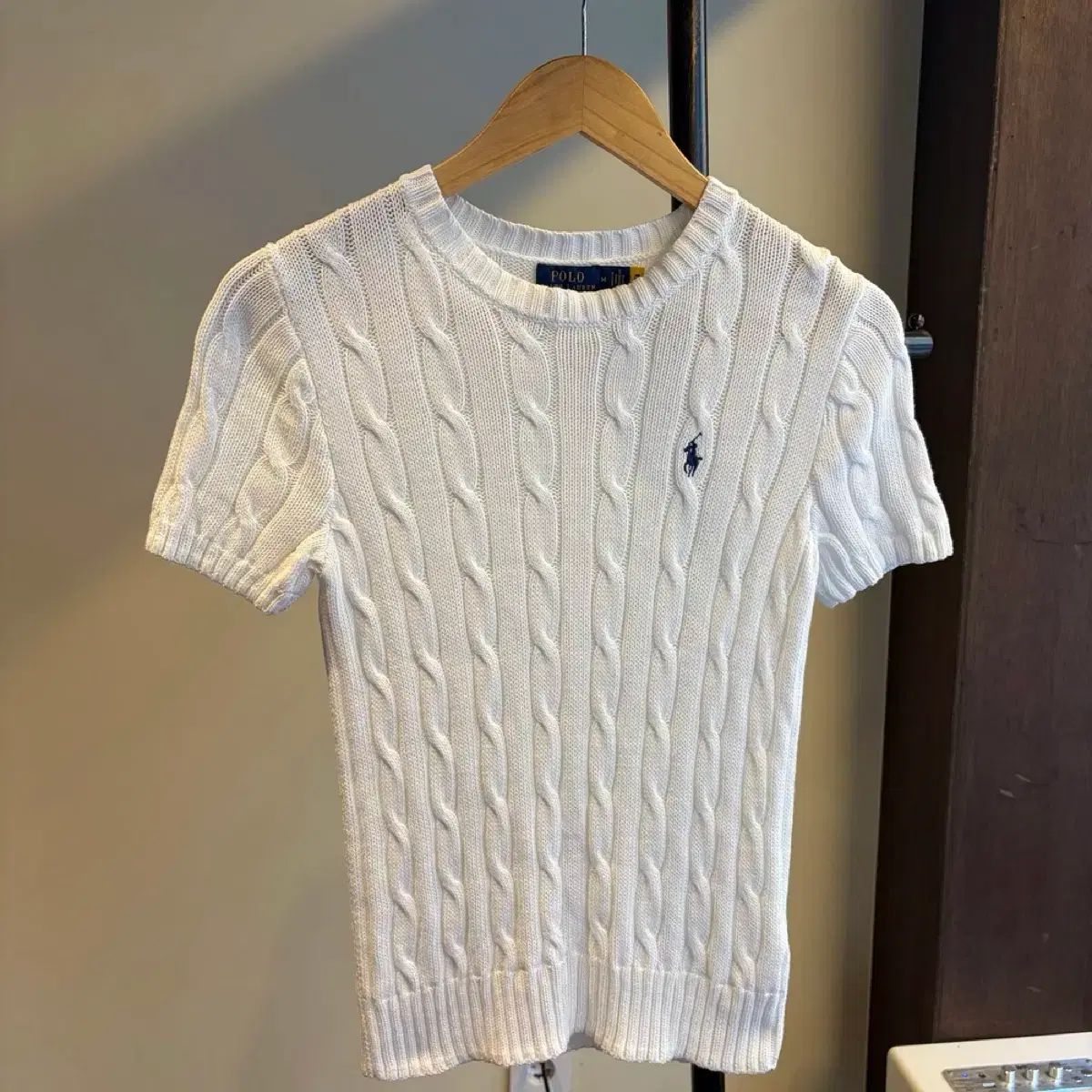15198 - ポロ ラルフローレン 白 ケーブル 半袖 ニット (ピマコットン)