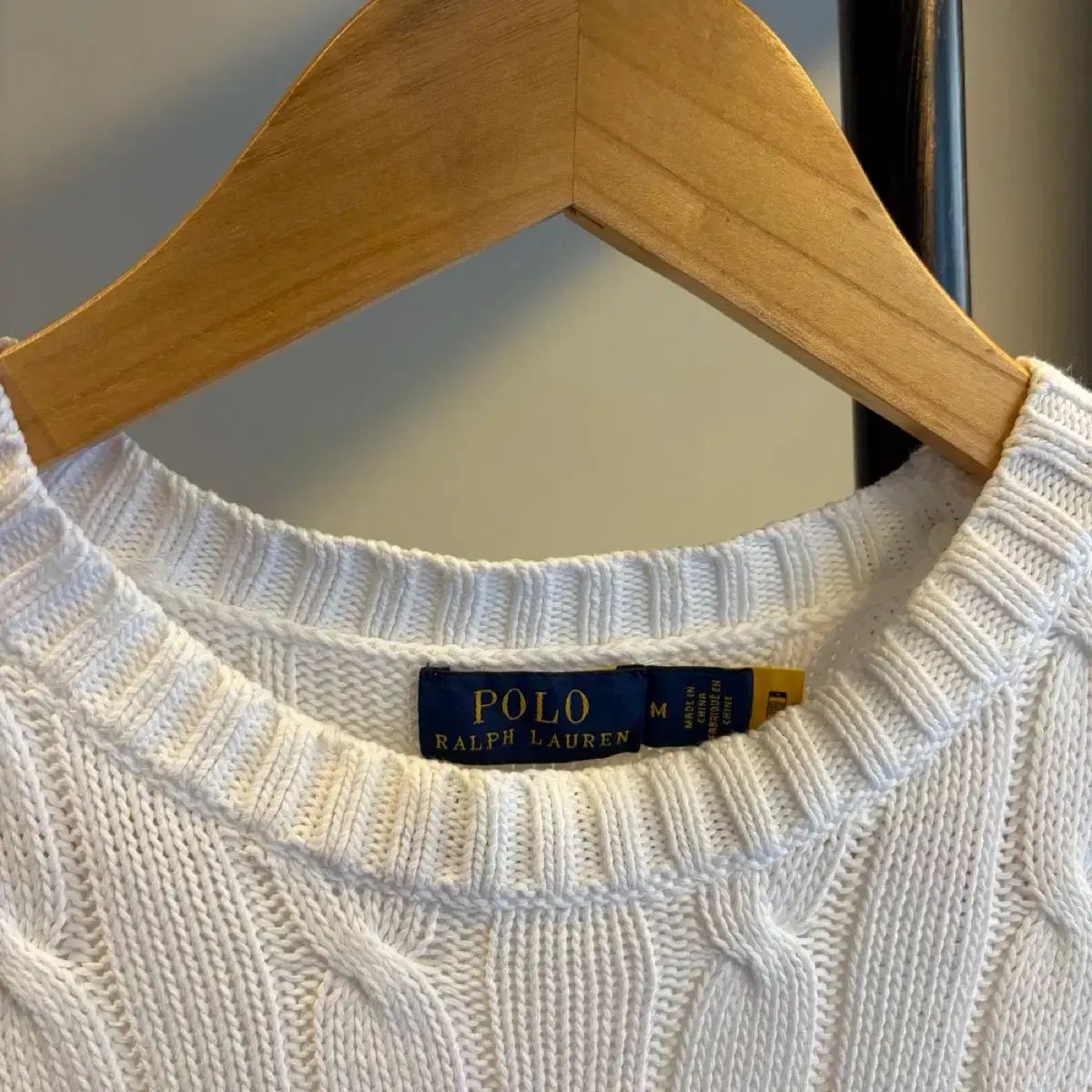 15198 - ポロ ラルフローレン 白 ケーブル 半袖 ニット (ピマコットン)