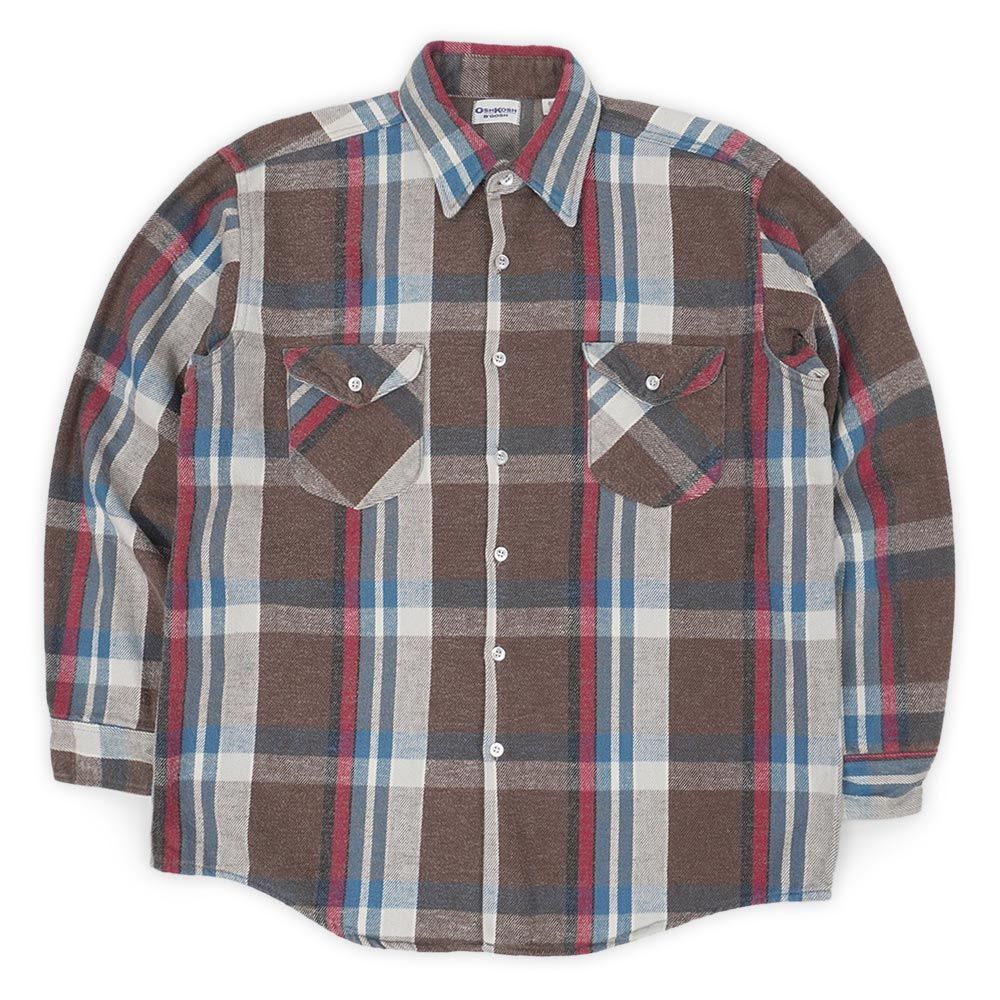 オシュコシュ OSHKOSH 70 s 70年代 ヘビーネルシャツ 旧タグ プリントネル MADE IN USA アメカジ ヴィンテージ アメリカ製 古着 メンズ シャツ ブラウン系 チェック柄 L