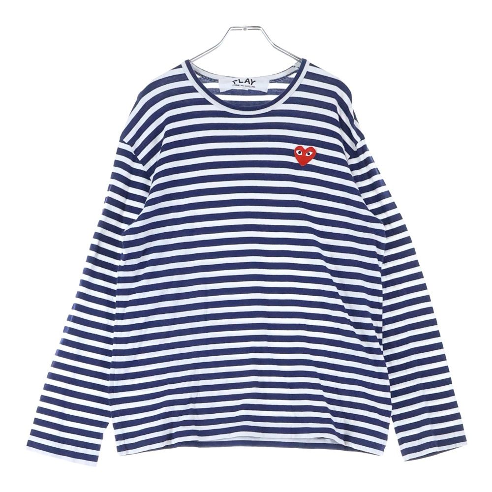 PLAY COMME des GARCONS プレイコムデギャルソン AD 2025 ハート刺繍 ボーダー コットン 長袖Tシャツ カットソー ネイビー ホワイト AZ T 010