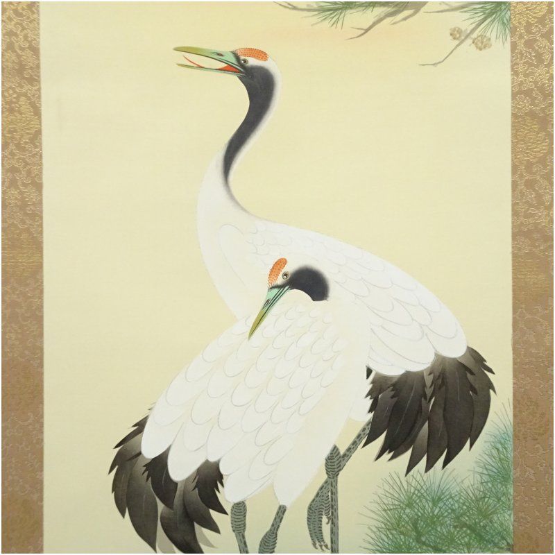 藤沢寿峰筆 松上双鶴 肉筆絹本掛軸（共箱） 掛け軸 床の間 書 おしゃれ