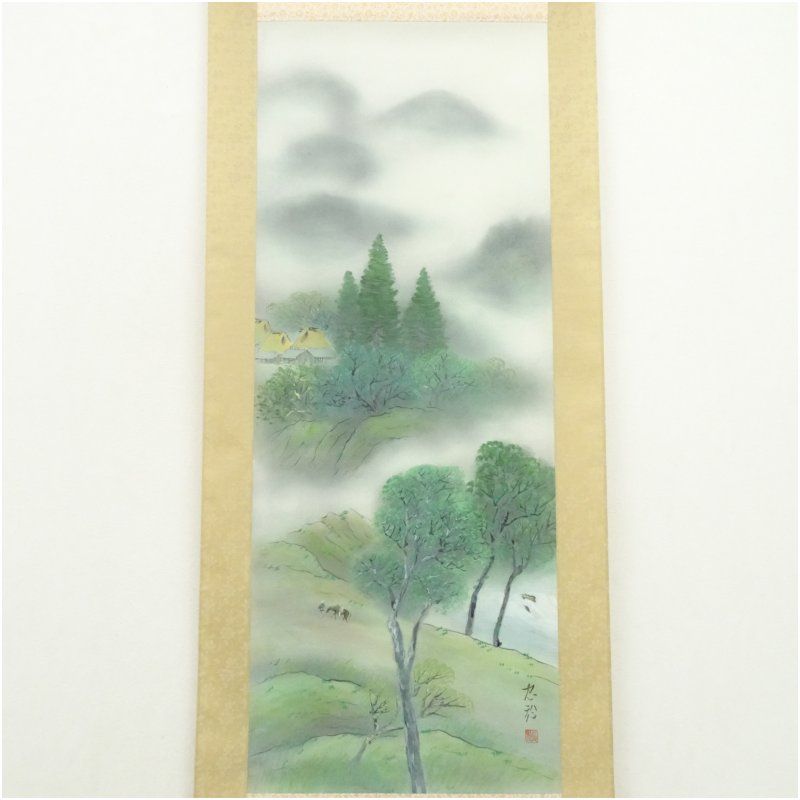 杉山忠於筆 淡色山水 肉筆絹本掛軸（紙箱） 掛け軸 床の間 書 おしゃれ