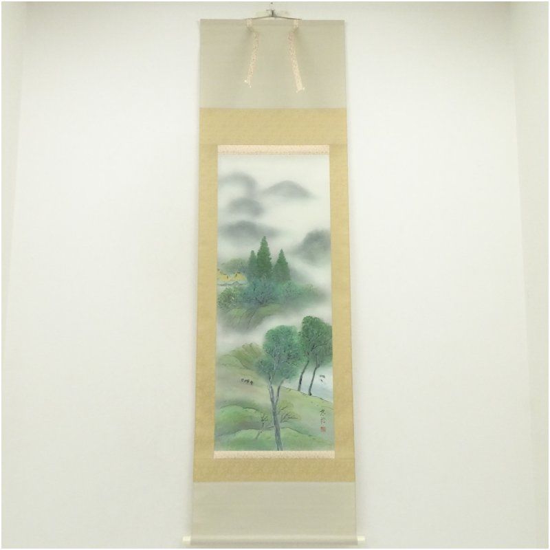 杉山忠於筆 淡色山水 肉筆絹本掛軸（紙箱） 掛け軸 床の間 書 おしゃれ