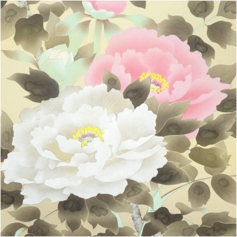 栄呂筆 牡丹 肉筆絹本掛軸（共箱） 掛け軸 床の間 書 おしゃれ 絵画