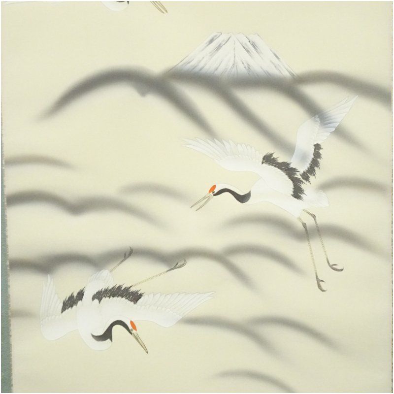梁艶筆 富士舞鶴 肉筆絹本掛軸（共箱） 掛け軸 床の間 書 おしゃれ