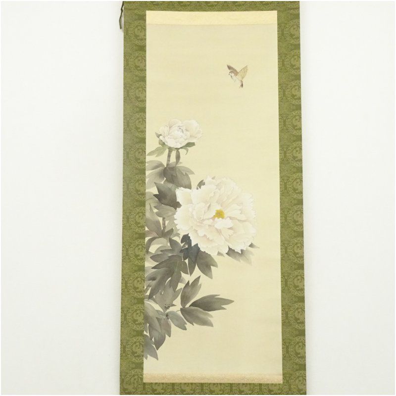 裕香筆 牡丹 肉筆絹本掛軸（共箱） 掛け軸 床の間 書 おしゃれ 絵画