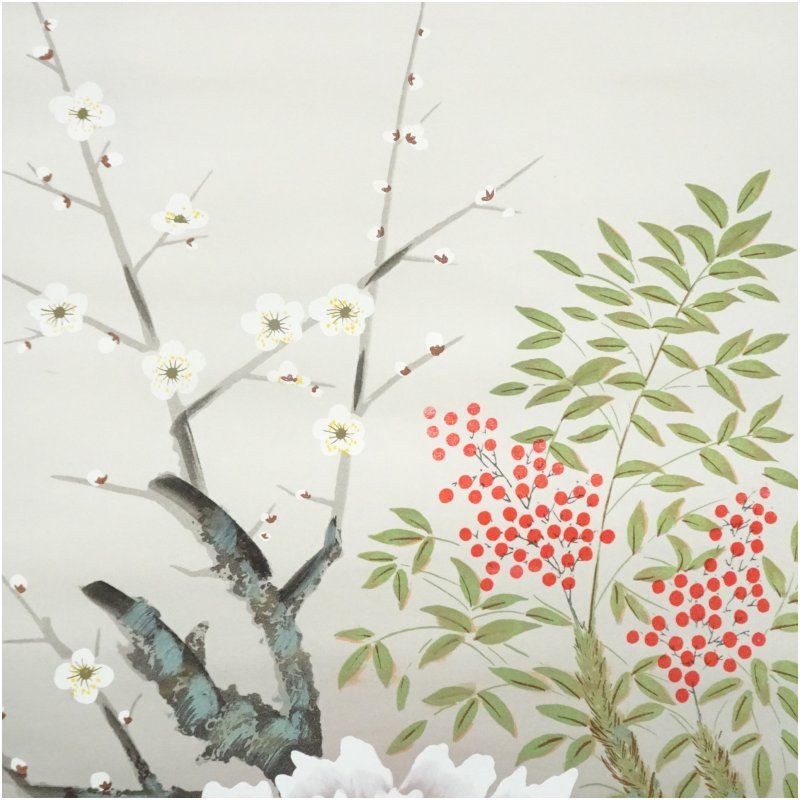 渓月筆 四季花 肉筆絹本掛軸（紙箱） 掛け軸 床の間 書 おしゃれ 絵画