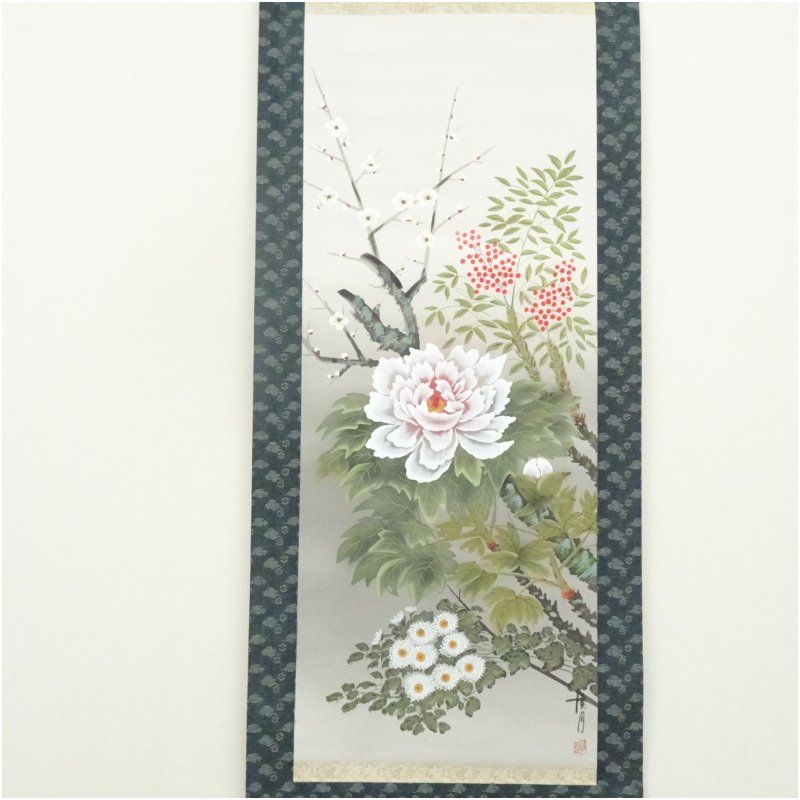 渓月筆 四季花 肉筆絹本掛軸（紙箱） 掛け軸 床の間 書 おしゃれ 絵画