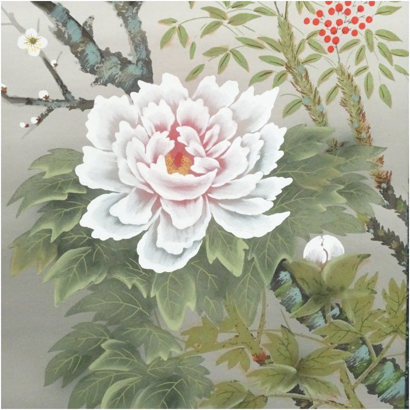 渓月筆 四季花 肉筆絹本掛軸（紙箱） 掛け軸 床の間 書 おしゃれ 絵画