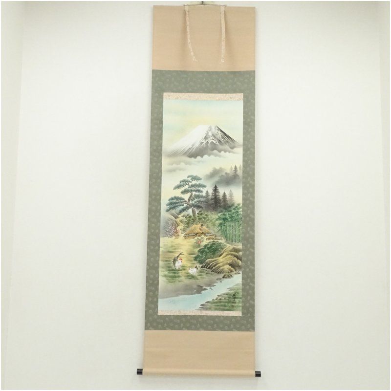 森契雪筆 吉祥富士に鶏 肉筆絹本掛軸（共箱） 掛け軸 床の間 書