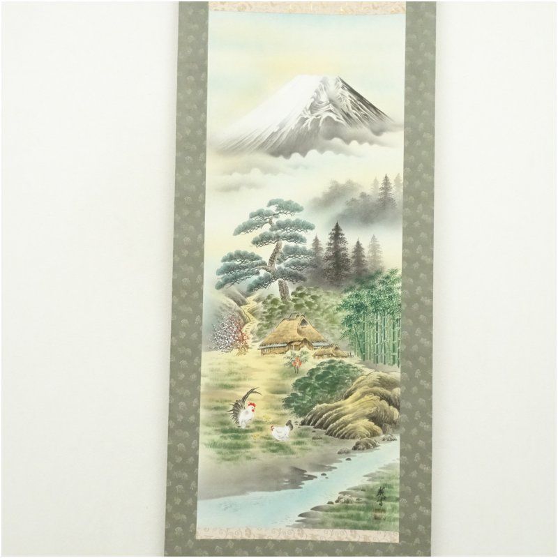 森契雪筆 吉祥富士に鶏 肉筆絹本掛軸（共箱） 掛け軸 床の間 書