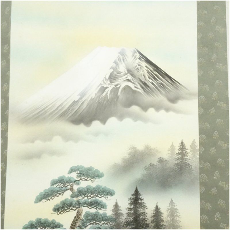 森契雪筆 吉祥富士に鶏 肉筆絹本掛軸（共箱） 掛け軸 床の間 書