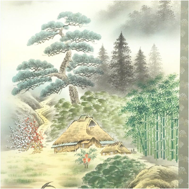 森契雪筆 吉祥富士に鶏 肉筆絹本掛軸（共箱） 掛け軸 床の間 書