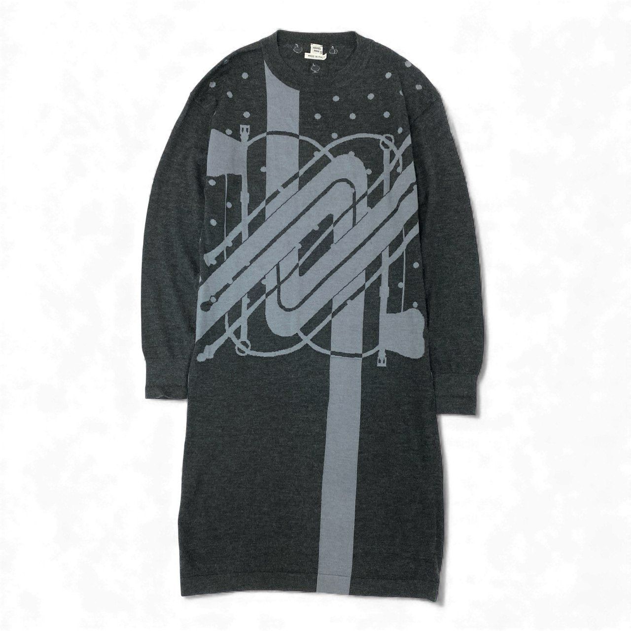 66 l 1 HERMES エルメス CLIC CLAC クリッククラック ニットワンピース ロングスリーブ カシミヤシルク混 ドット柄 水玉 レディース 女性用 17 7707 34 ダークグレーu 02 t