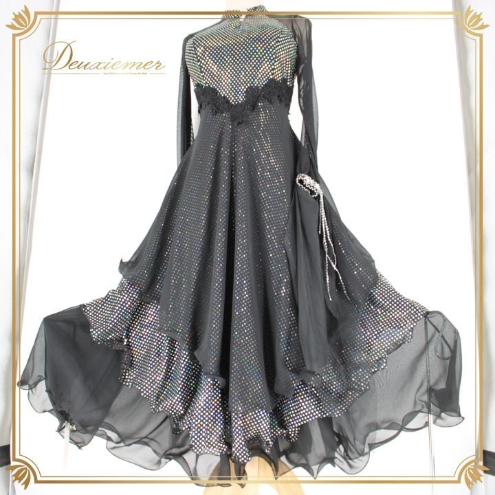 社交ダンス 衣装 ドレス ワンピース パーティ衣装 女性用 レディース オールシーズン 黒 ブラック系 長袖 フロート 派手 キラキラ ファッション ドレスアップ パーティー衣装 結婚式 二次会 おしゃれ フェスティバル ステージ衣装 動きやすい