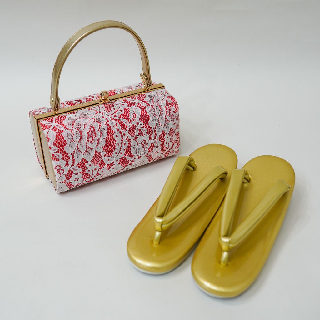 草履バッグセット 赤地×白レース 金 24cm フリーサイズ 適合足サイズ