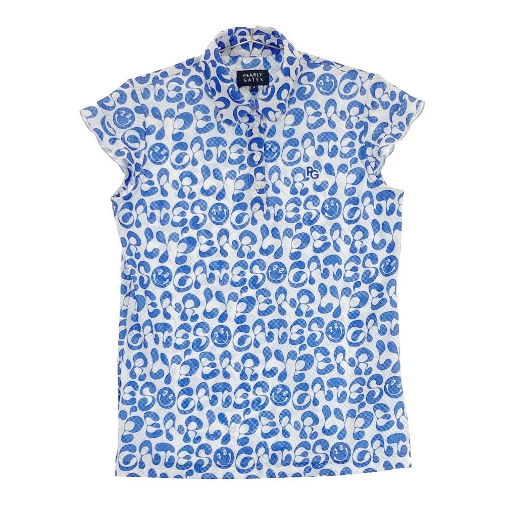 サイズ 0 PEARLY GATES パーリーゲイツ モデル 袖フリル 半袖ポロシャツ 総柄 ネイビー系 ゴルフウェア レディース ストスト