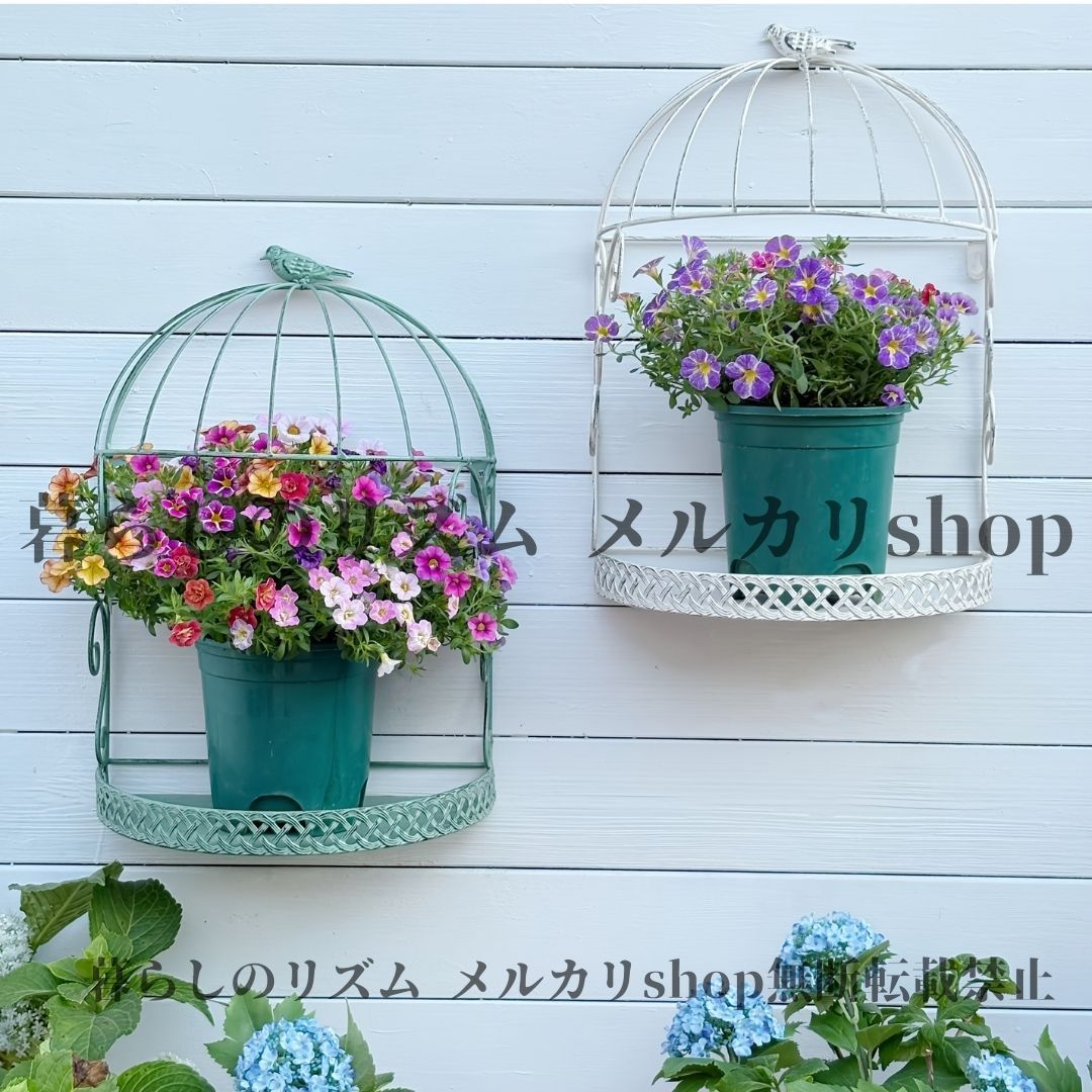 ガーデンウォールオブジェ レトロ カントリースタイル ガーデン バードケージ フラワースタンド 小鳥デザイン バードケージ風 壁掛け 平置き テラス バルコニー収納 屋外装飾 ヴィンテージ 金属 ホワイト グリーン