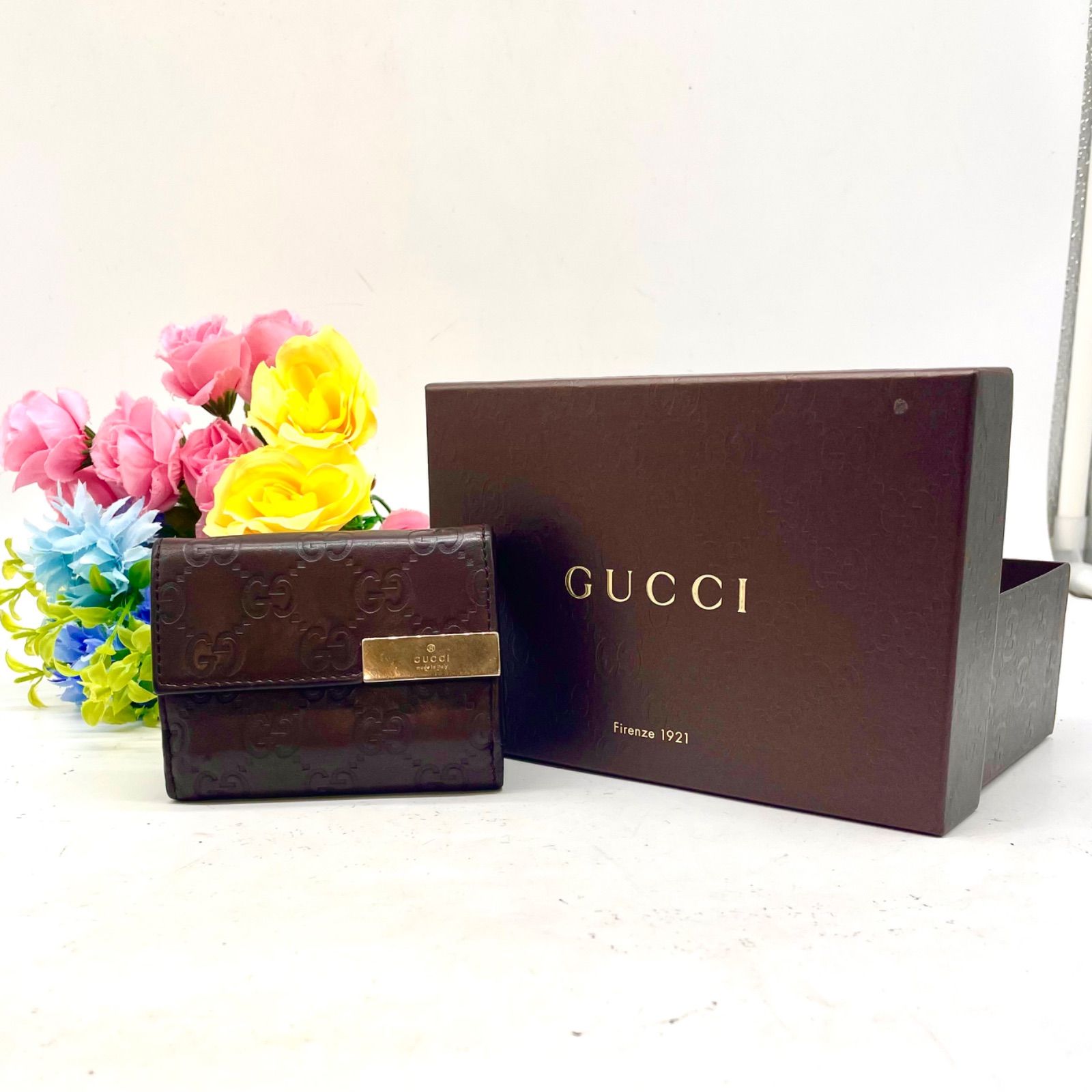 グッチ 3つ折り 財布 GG シマレザー ホック コンパクト カード札入れFS 850