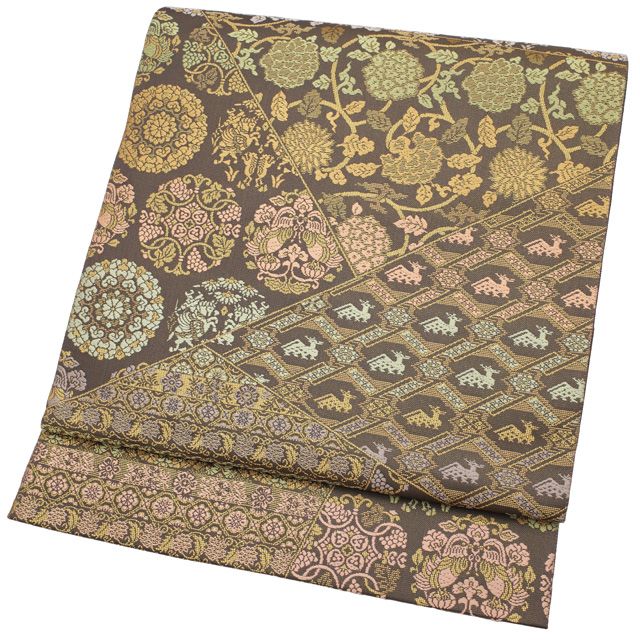 すごい値 袋帯 箔屋清兵衛 フォーマル リサイクル 正絹 西陣 陰山織物 淡こげ茶 名物裂 華文 牡丹唐草 有栖川 金糸 仕立て上がり 春 秋 冬 六通柄 結婚式 お茶会 七五三 入学式 卒業式 みやがわ neb 01589