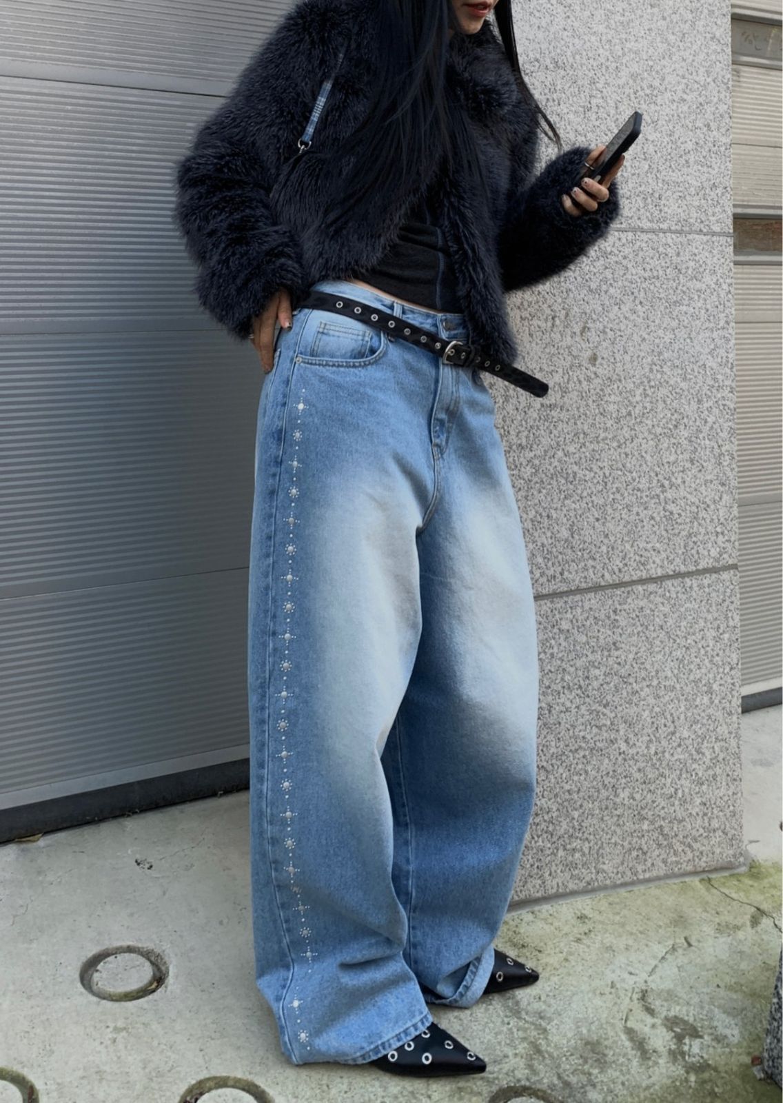 ピックススタッドバルーンデニムパンツ ワイド ユニセックス デニム ウォッシュ メンズライク スタッド スタッズ