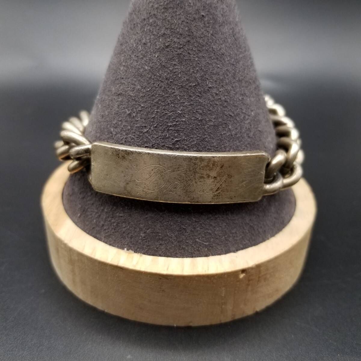 1979年 英国 ヴィンテージ IDタグ 長方形プレート 925 シルバー ブレスレット 銀 LONDON ホールマーク 重厚感 ネーム彫金 David Y 22 I