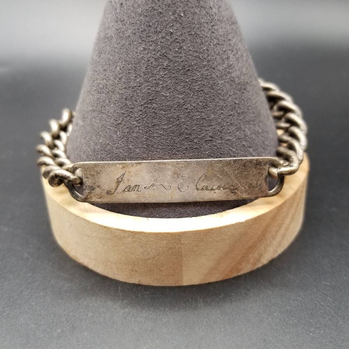 1975年 英国 ヴィンテージ IDタグ 長方形プレート 喜平チェーン ブレスレット 925シルバー 銀 Birmingham ホールマーク ネーム彫金 Y 22