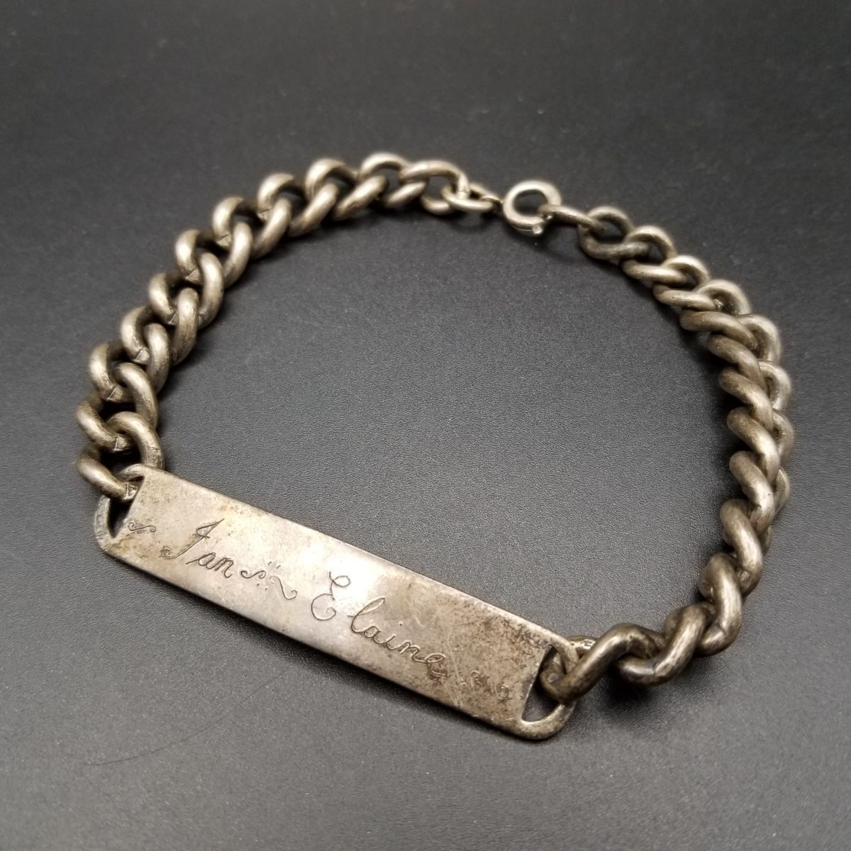 1975年 英国 ヴィンテージ IDタグ 長方形プレート 喜平チェーン ブレスレット 925シルバー 銀 Birmingham ホールマーク ネーム彫金 Y 22-Y