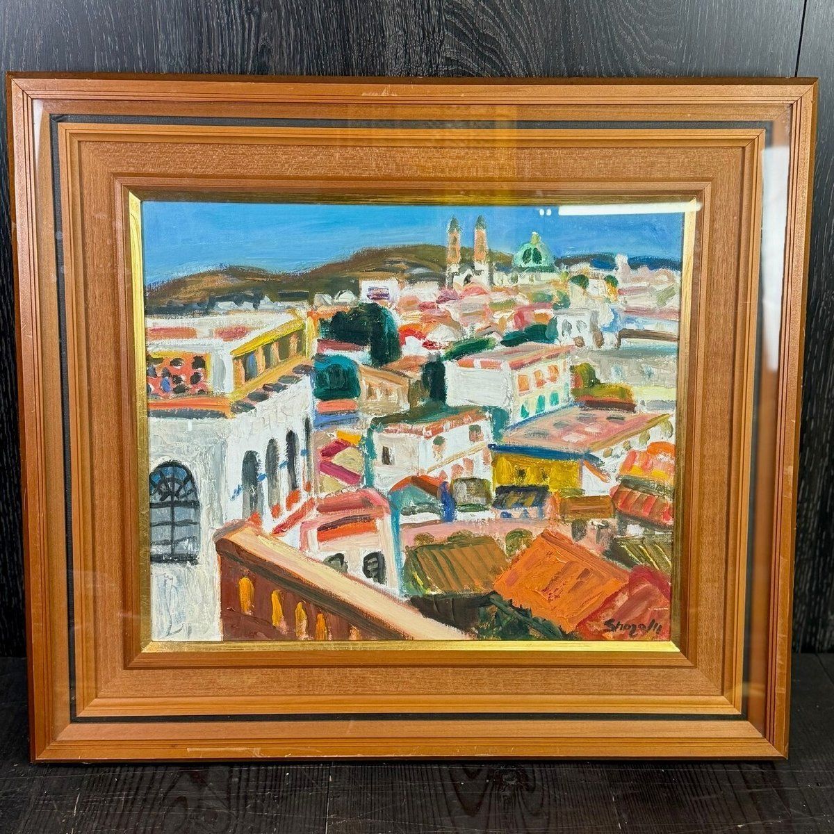 F 2411 村田省蔵 タスコの丘 油彩画 額装 M 7