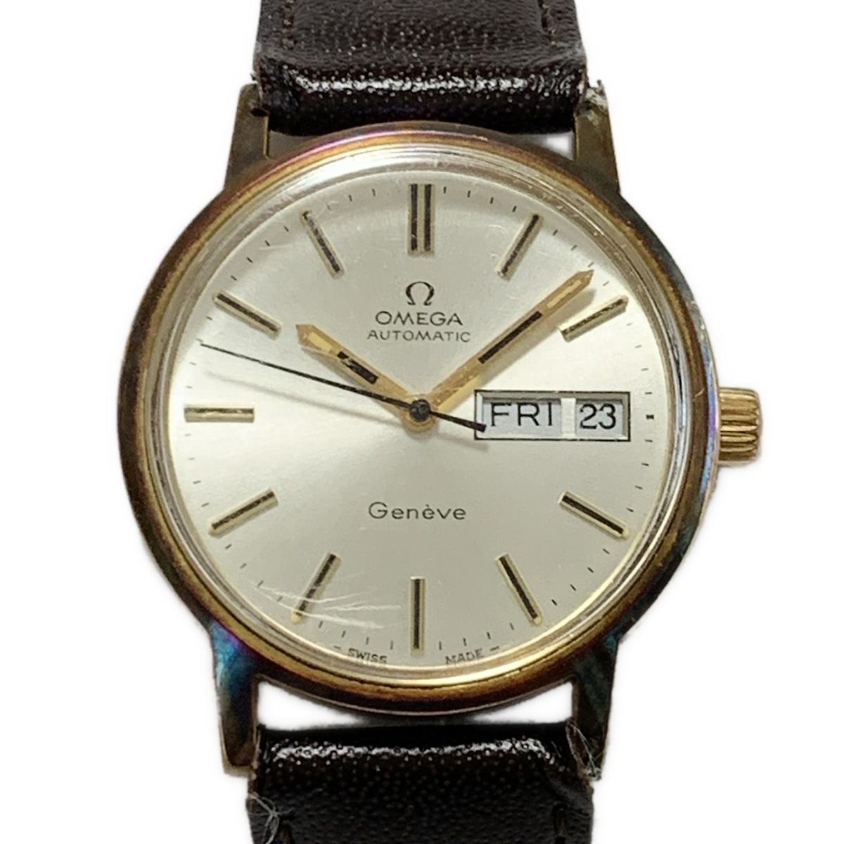 OMEGA オメガ 腕時計 ジュネーブ 166.0117 メンズ 社外ベルト 社外リューズ デイデイト シルバー