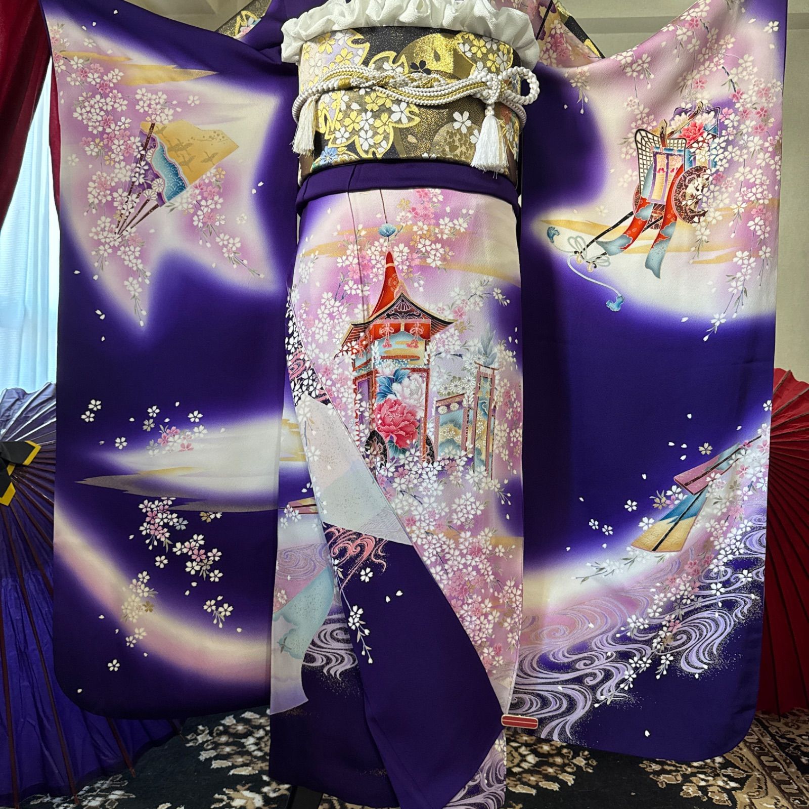 正絹帯締め　正絹帯揚げ　パール付き重ね衿　金糸刺繍半衿　豪華お飾り　振袖小物 正絹帯締め 正絹帯揚げ パール付き重ね衿 金糸刺繍半衿 豪華お飾り