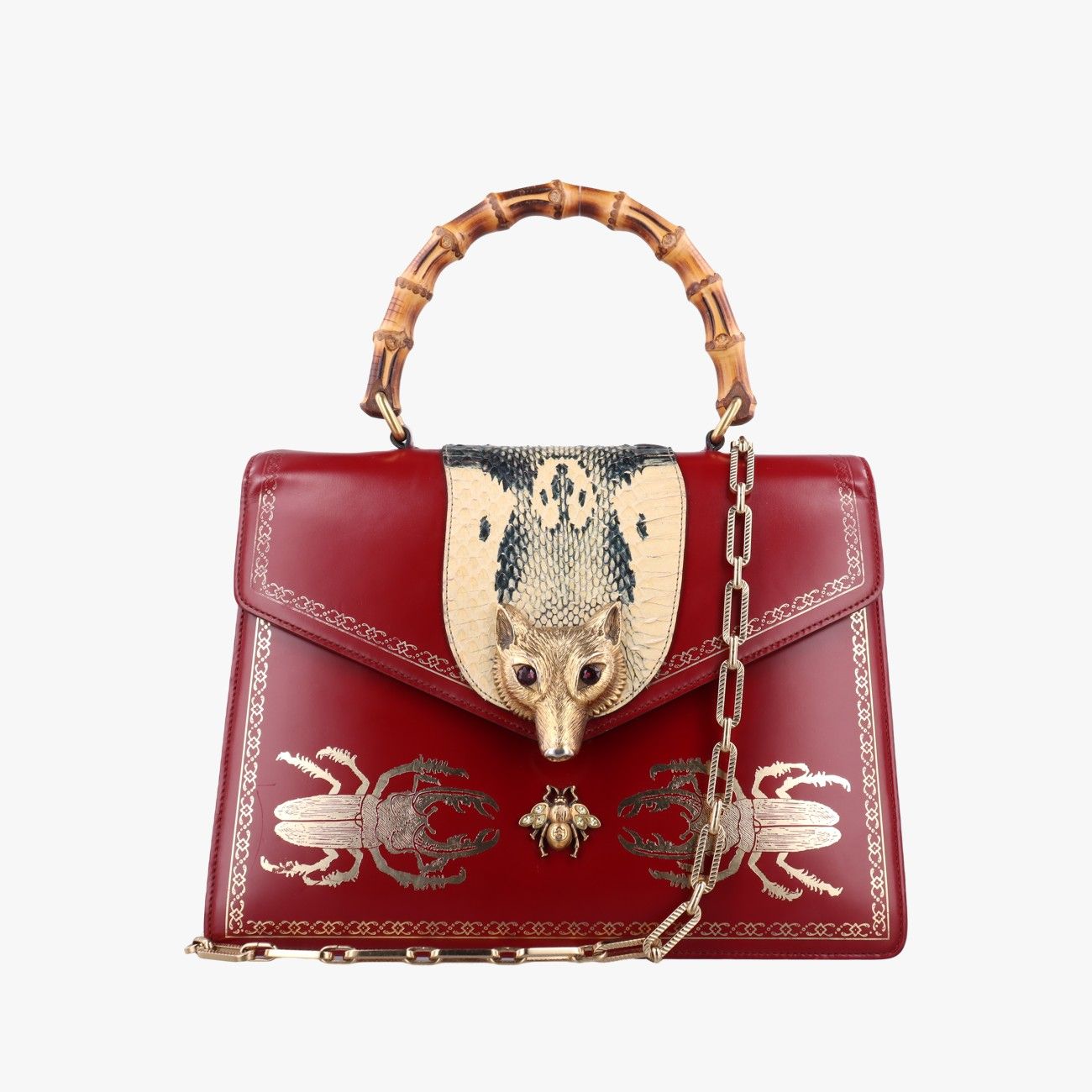 グッチGucciブロッシュビートルプリント レッド×マルチ レザー 466434