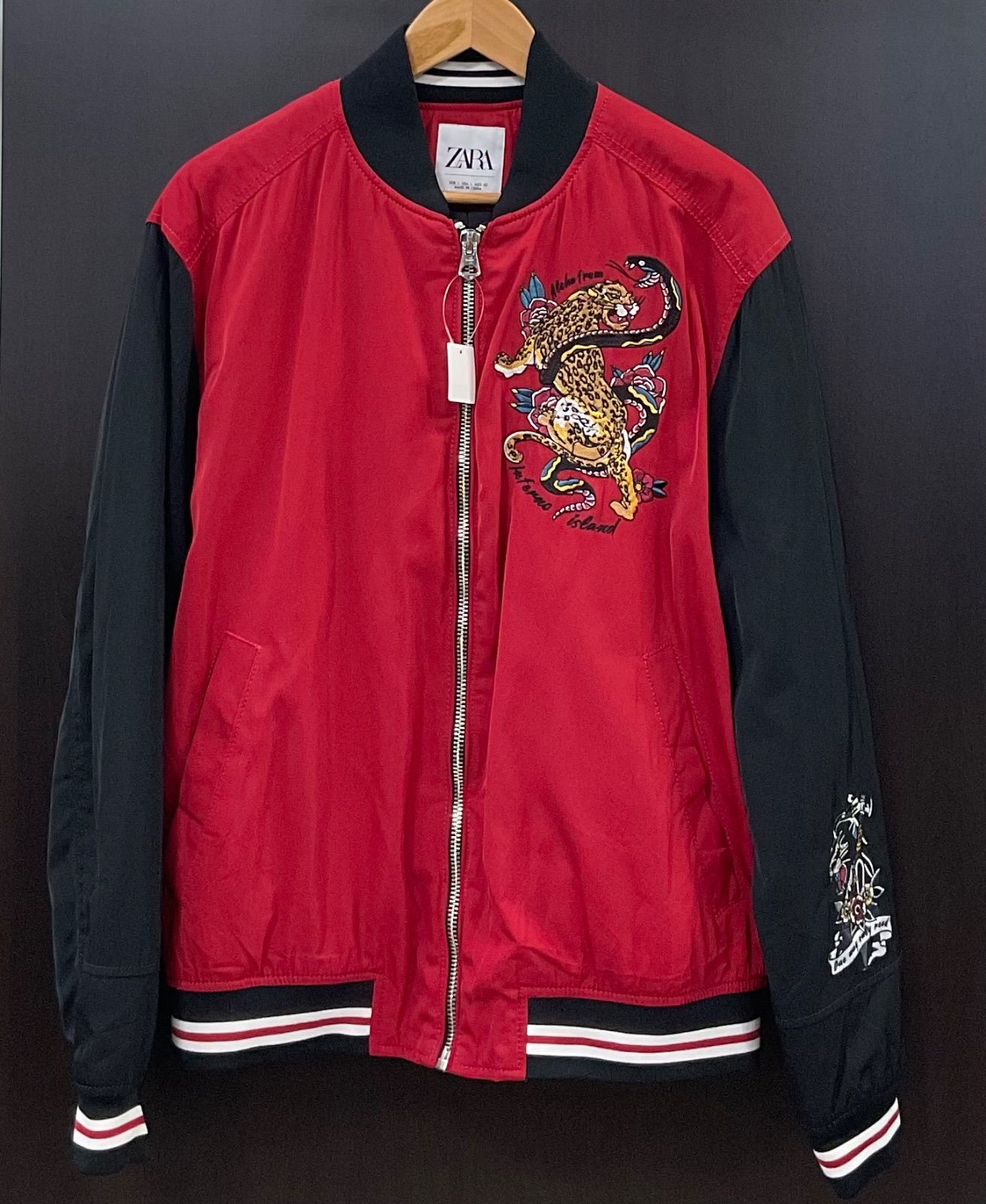 ZARA ザラ スカジャン ヒョウ 蛇 刺繍 メンズL レッド×ブラック 古着