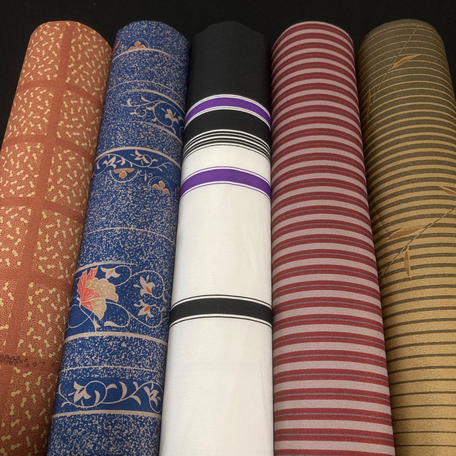 着物と帯オレンジ y112◾️割と綺麗なポリエステル化繊小紋着尺反物5点