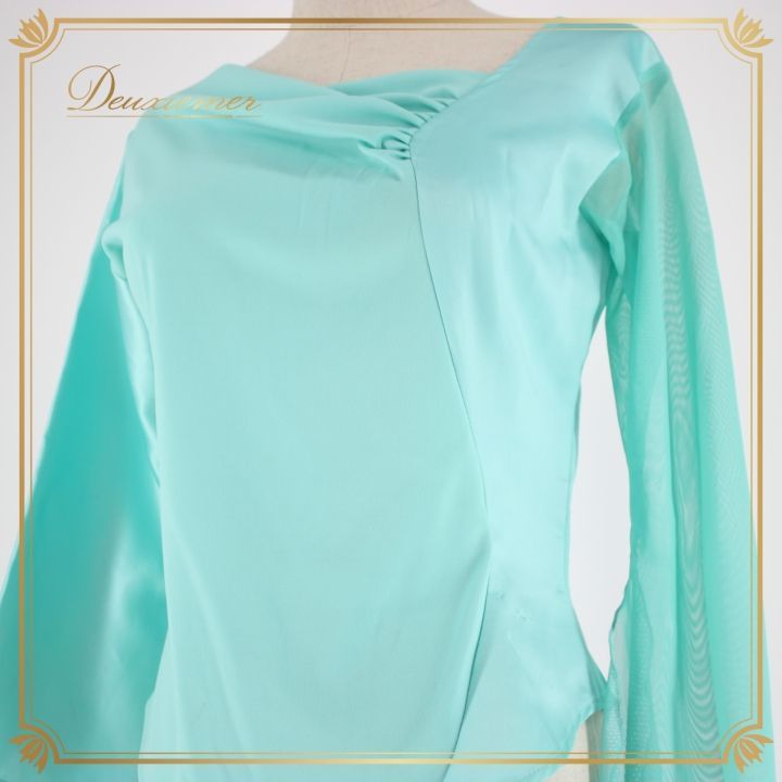 社交ダンス 衣装 スタンダード トップス レッスンウェア オールシーズン prima boutique プリマブティック 水色 ブルー系 無地 長袖 シンプル フェミニン アシンメトリー カジュアル テレコ 光沢