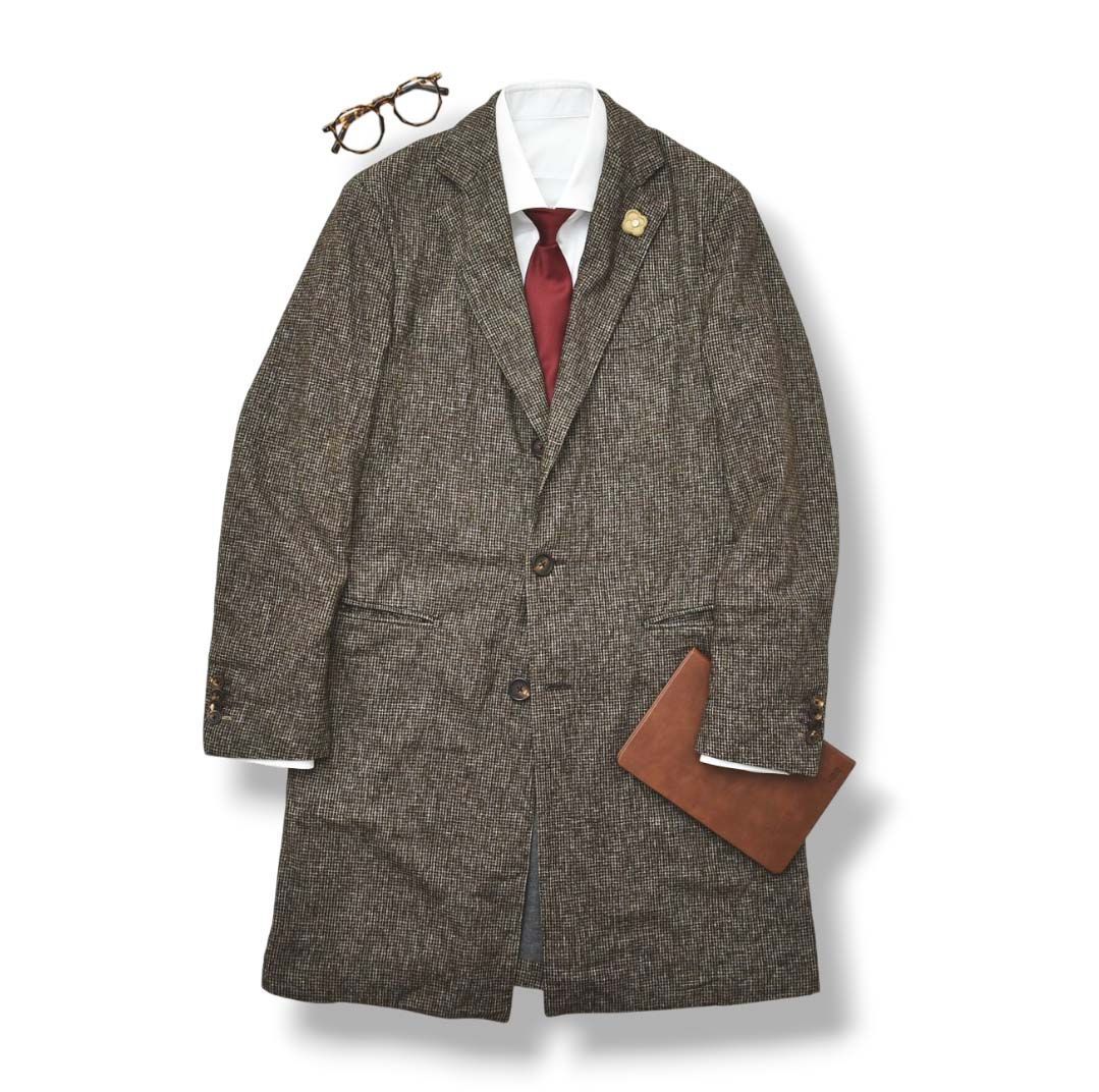 イタリア製 ラルディーニ LARDINI ハウンドトゥース チェスターコート オーバーコート 48 ブラウン メンズ