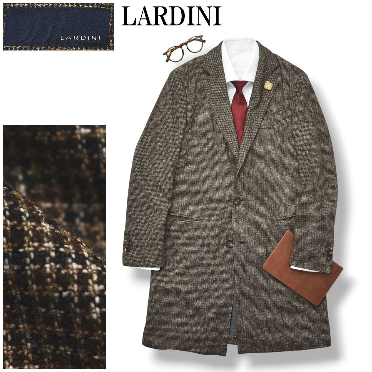 イタリア製 ラルディーニ LARDINI ハウンドトゥース チェスターコート オーバーコート 48 ブラウン メンズ