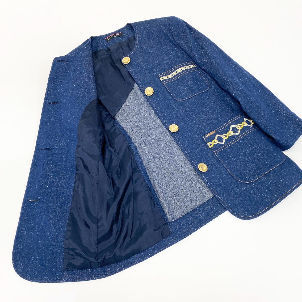 15Ⅼ1【美品】LEONARD レオナール ノーカラージャケット デニム