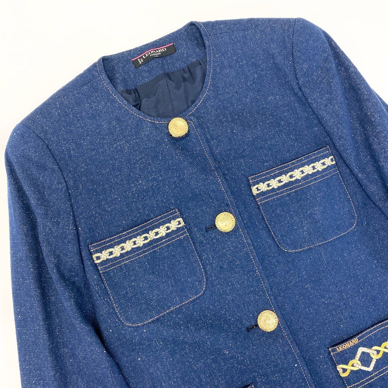 15Ⅼ1【美品】LEONARD レオナール ノーカラージャケット デニム