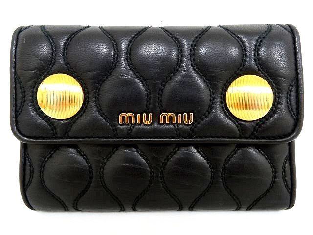 miumiu ミュウミュウ 財布 三つ折り財布 ブラック レザー レディース ゴールド金具 キルティング コンパクトウォレット 7K