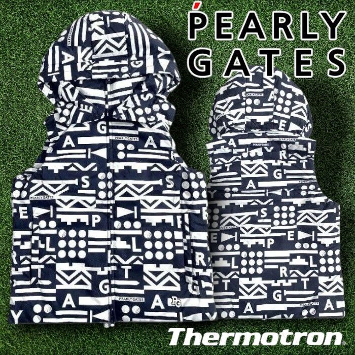 パーリーゲイツ ゴルフ 撥水×保温 タフレックス 吸光熱変換Thermotron ホワイトダックダウン モダンナバホ柄 フーディ ダウンベスト ゴルフウェア 053-2258105 定価4.4万 ネイビーブラック ホワイト 048 51111 w 06