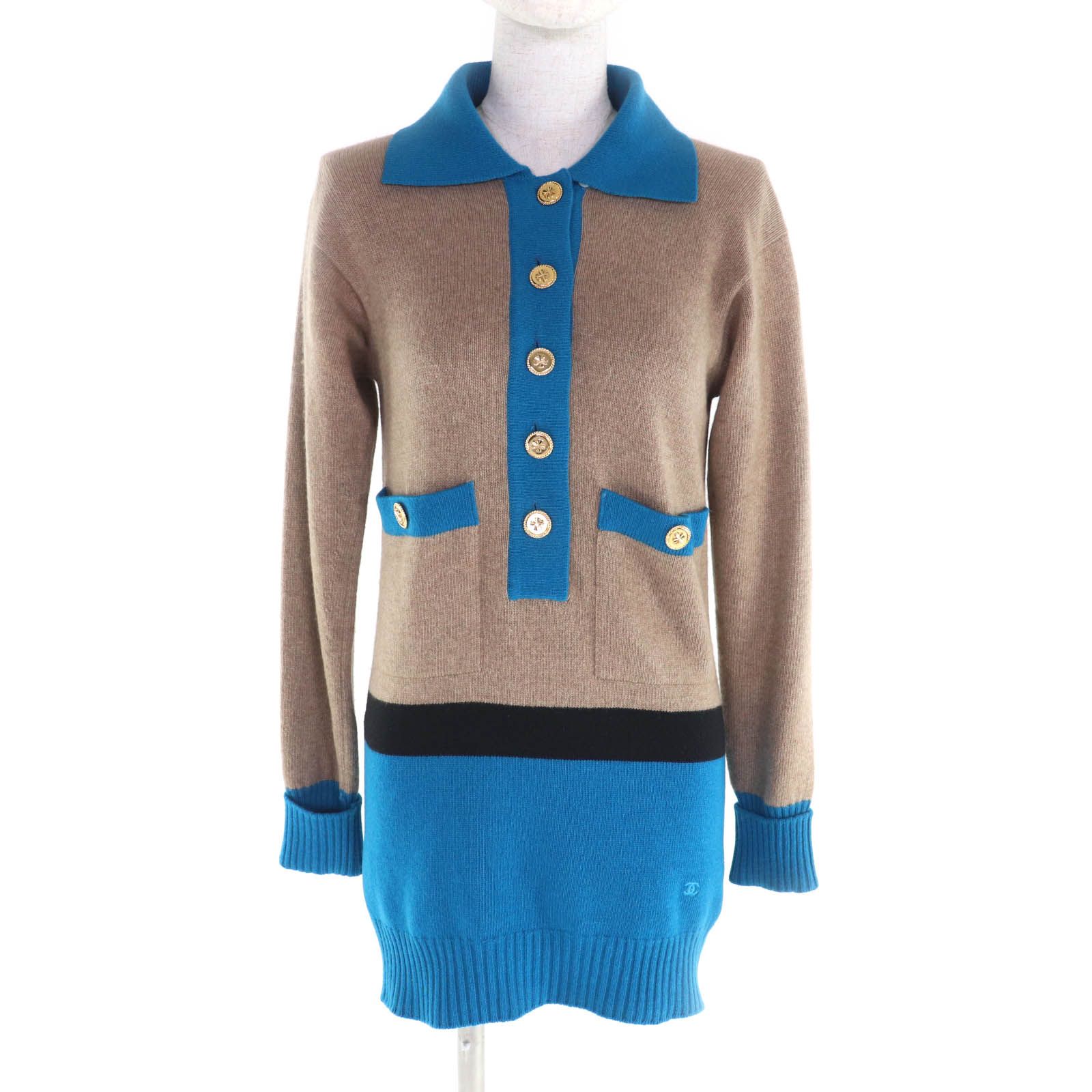 CHANEL シャネル ヴィンテージ カシミヤ100％ クローバーボタン ココマーク刺繍入り 長袖 ニット チュニック ベージュ ブルー 0 レディース