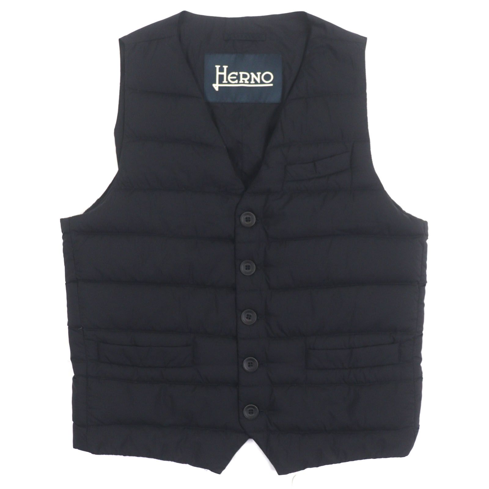 Herno ヘルノ Vネック ロゴ入りボタン プレート付き 軽量タイプ ジレ ライトダウンベスト ブラック 48 メンズ