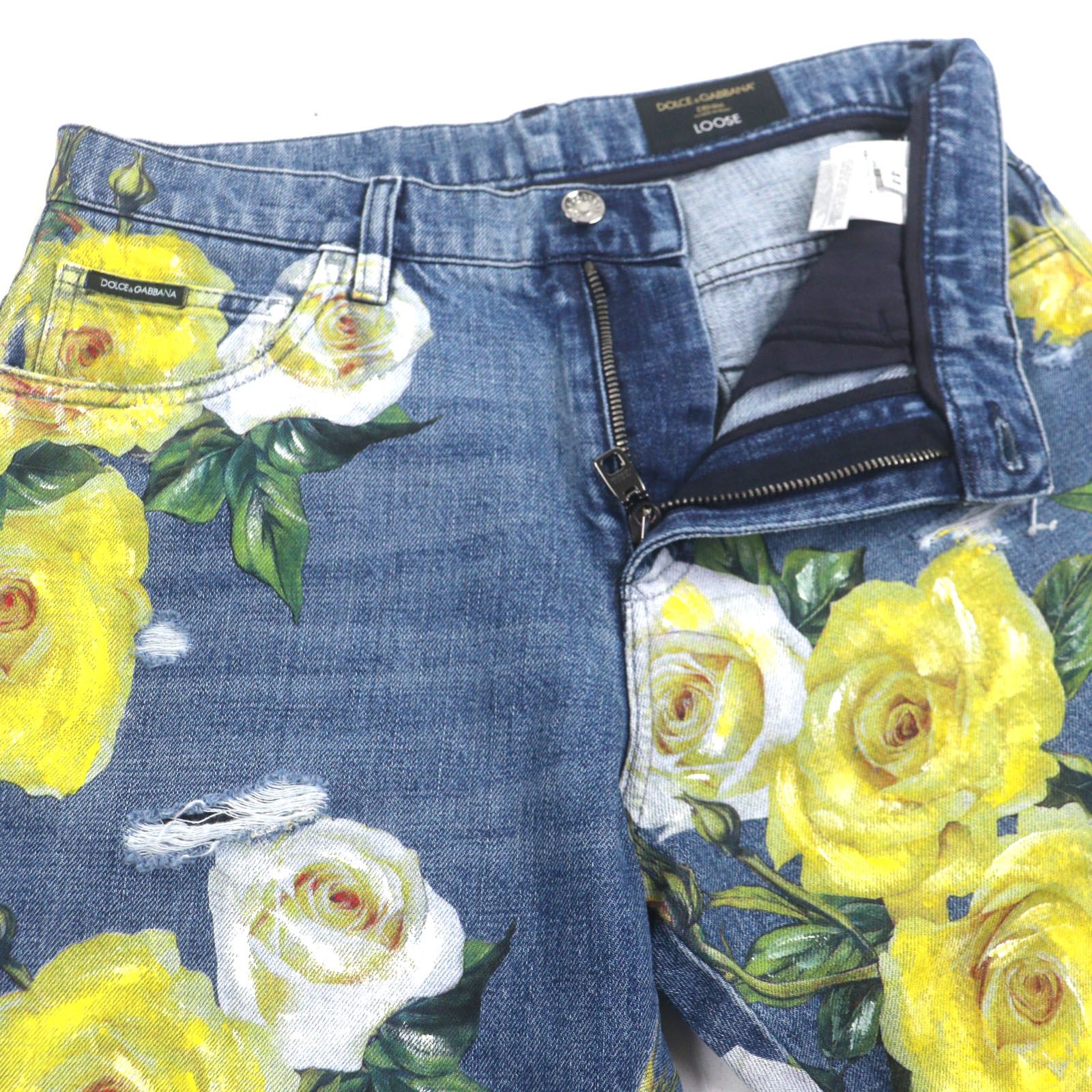 極美品▼DOLCE&GABBANA ドルチェ＆ガッバーナ LOOSE 黒タグ フローラル柄 ダメージ加工 レザーパッチ付き デニムパンツ 44 正規品 メンズ 極美品▽DOLCE&GABBANA ドルチェ＆ガッバーナ LOOSE 黒タグ フローラル